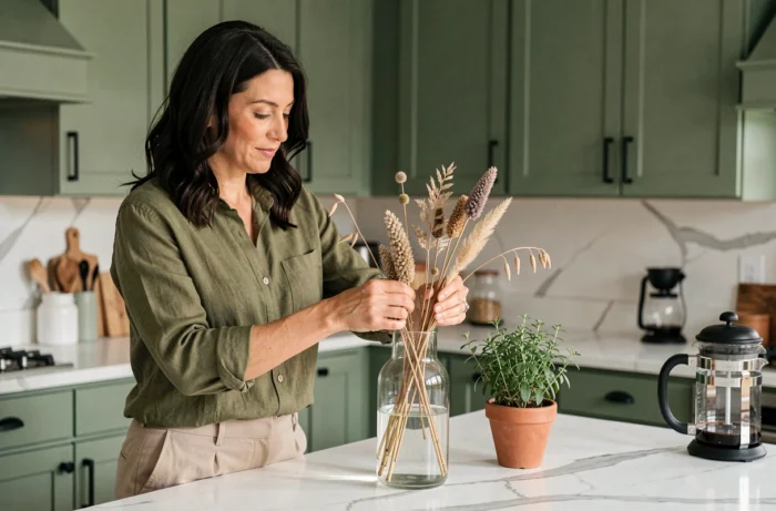 Femme arrangeant des fleurs séchées dans une cuisine moderne aux armoires vert sauge et plan de travail en marbre blanc