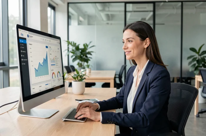 Femme entrepreneur analysant un tableau de bord business structuré sur écran dans un bureau moderne en 2026