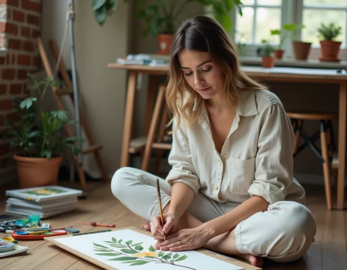 Femme peignant à l'aquarelle dans un atelier créatif fait maison, entourée de pinceaux et de toiles colorées