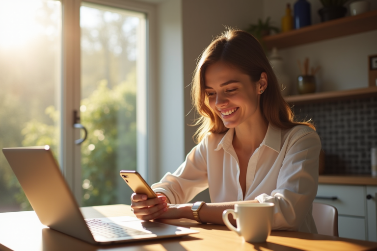 Jeune femme souriante utilisant une application bancaire sur smartphone à la cuisine