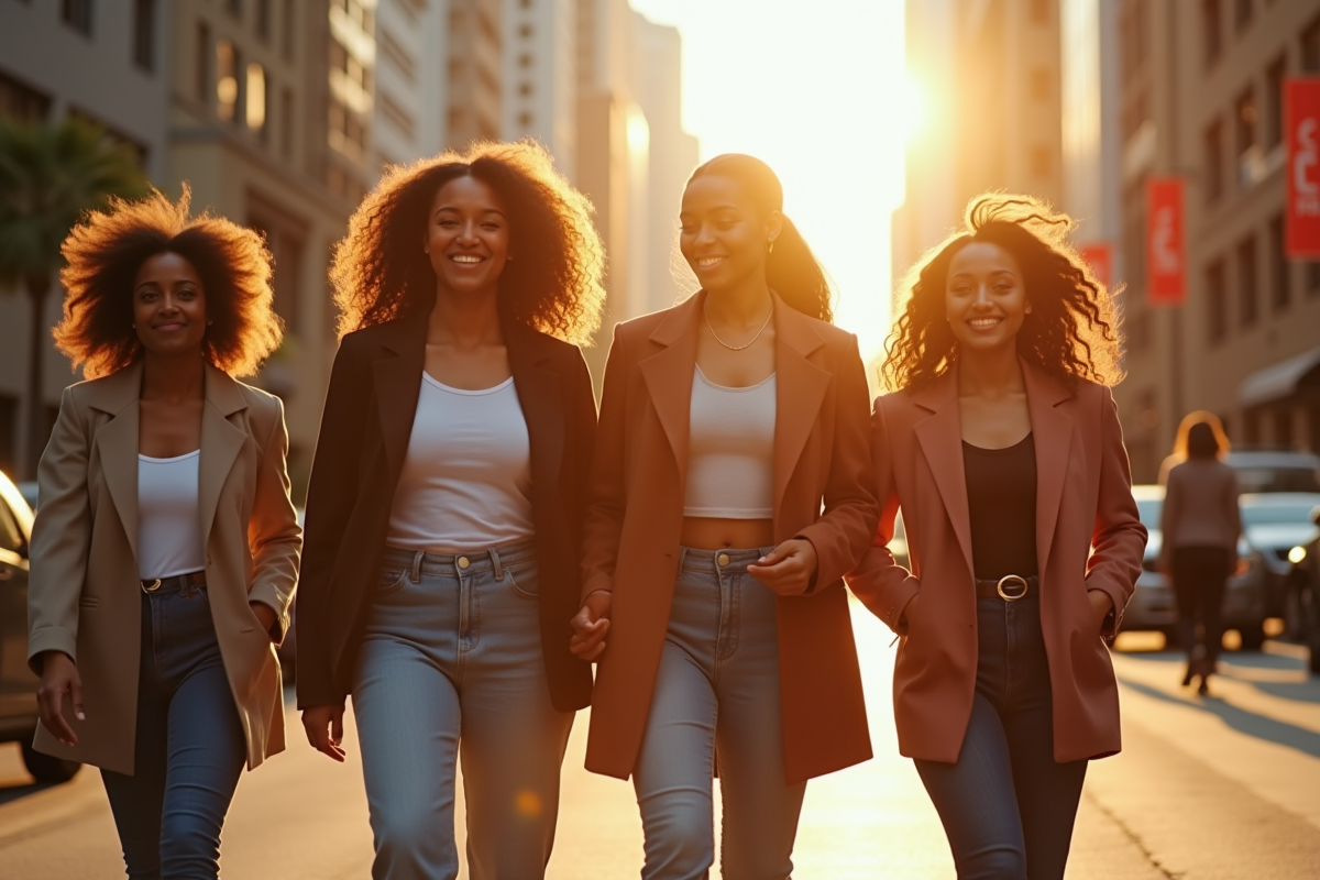 Quatre femmes diverses marchant en ville en fin d