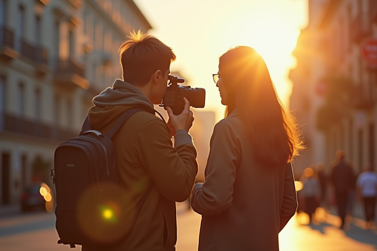 Deux professionnels filmant un vlog en ville en fin de journée