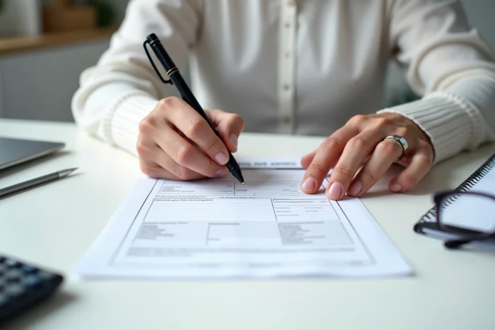 Mains remplissant un formulaire administratif pour le rachat de rente accident du travail en 2026