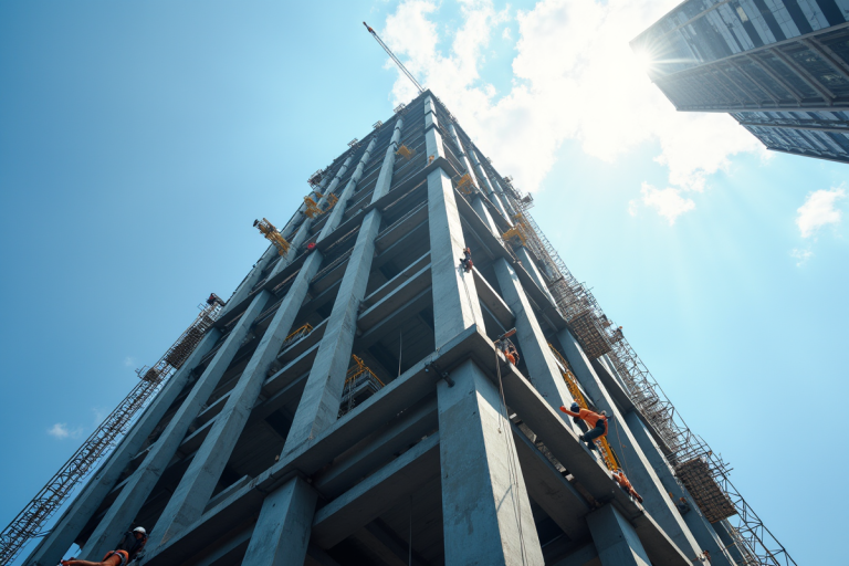 Gratte-ciel en construction vu de bas avec ouvriers
