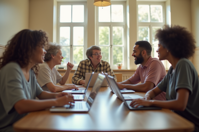 Groupe diversifié en discussion dans un centre communautaire