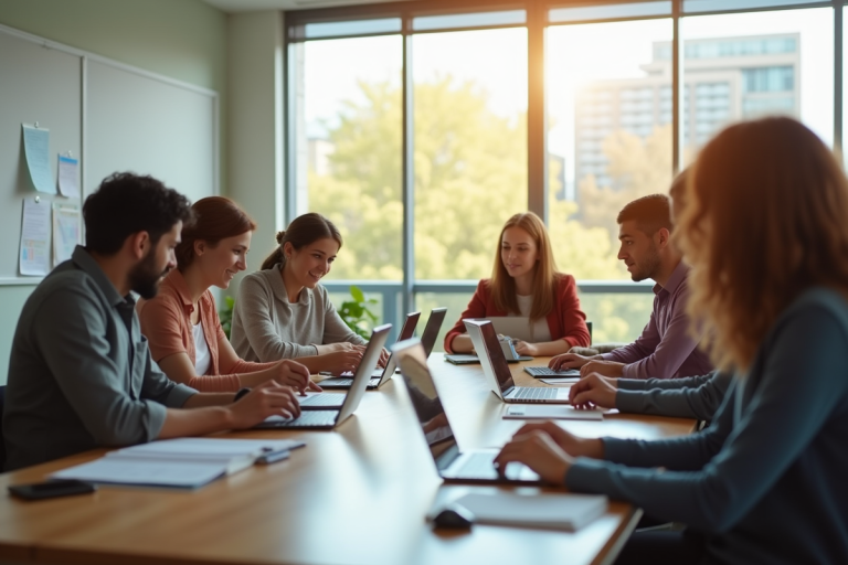 Groupe d'enseignants collaborant autour d'une table lumineuse