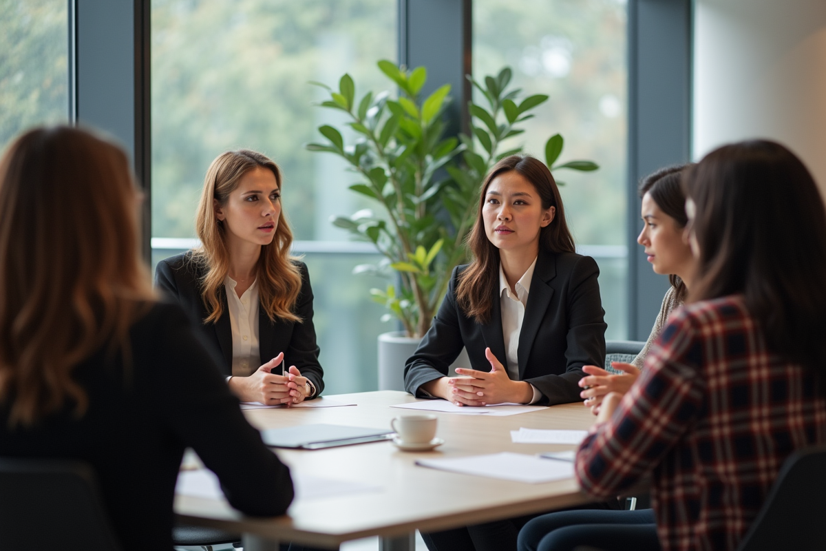 Groupe de femmes en discussion dans un bureau lumineux