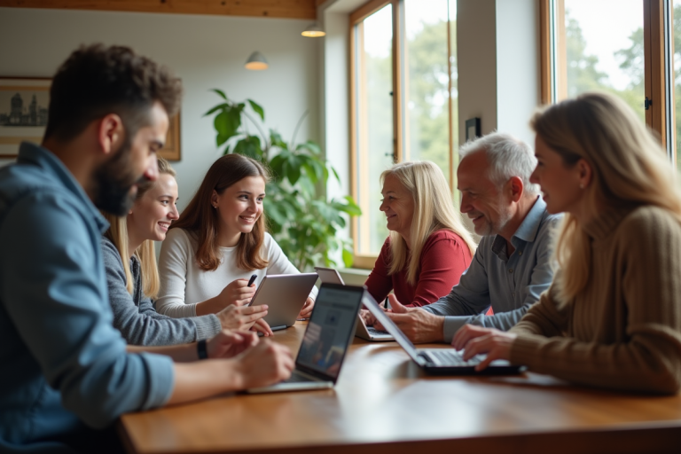 Groupe diversifié de générations autour d'une table avec appareils numériques