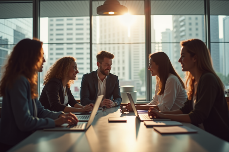 Groupe d'influenceurs collaborant dans un espace lumineux
