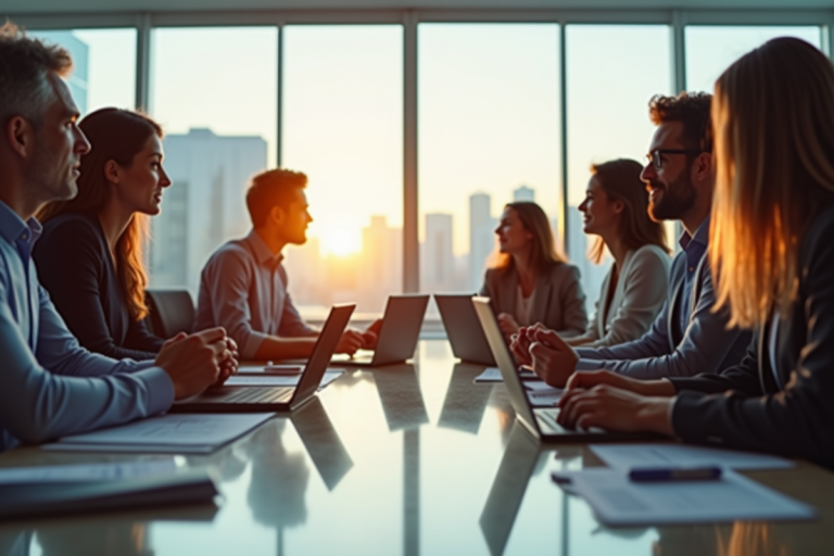 Groupe de professionnels en réunion dans un bureau lumineux
