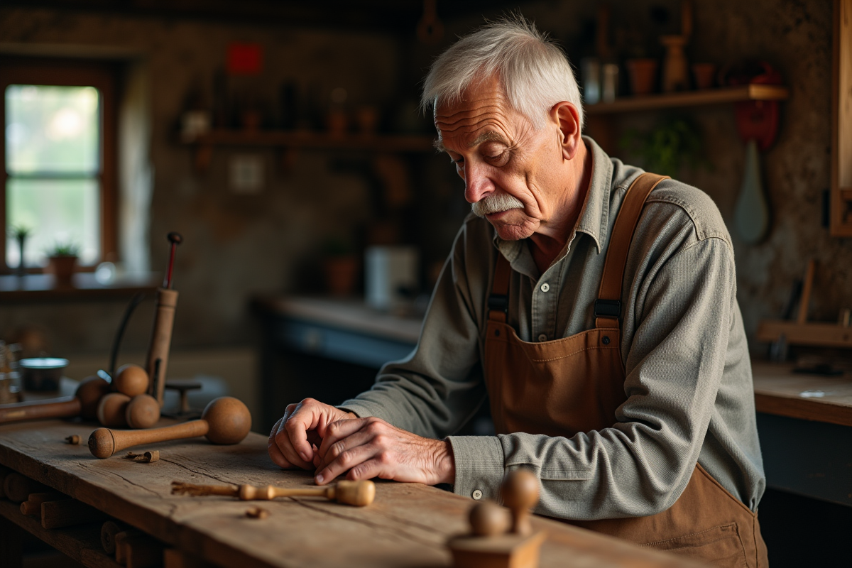 Homme âgé dans son atelier tenant une œuvre en bois