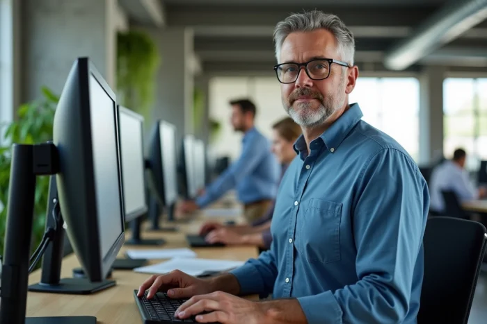 Homme en bureau moderne utilisant un double écran d'ordinateur pour optimiser sa productivité informatique