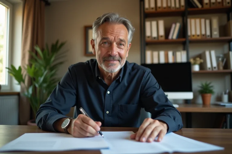 Homme consultant des documents administratifs pour préparer un dossier de rachat de rente accident du travail