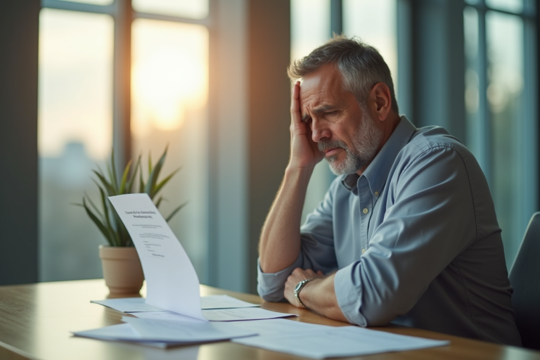 Homme inquiet au guichet de banque moderne