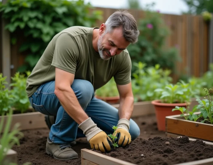 Homme jardinant dans un potager extérieur, transplantant des plants dans la terre entouré de bacs en bois