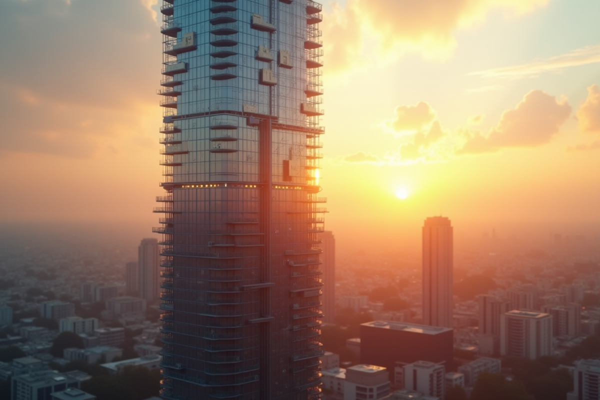 Immeuble super-tall au coucher du soleil avec reflet urbain