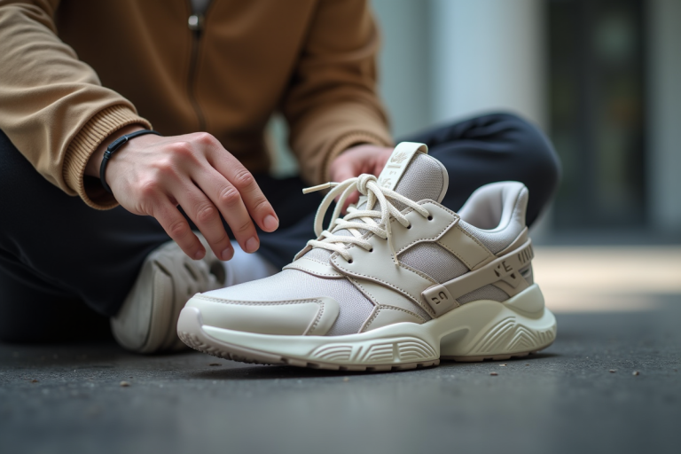 Personne examinant des sneakers tendance sous lumière naturelle