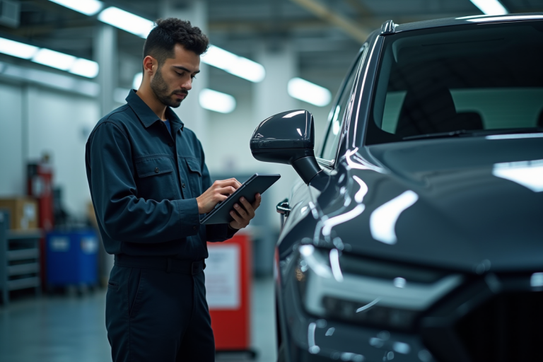Voiture en inspection technique dans un garage lumineux