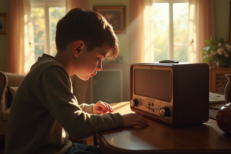 Jeune adulte écoutant une radio ancienne dans un salon lumineux