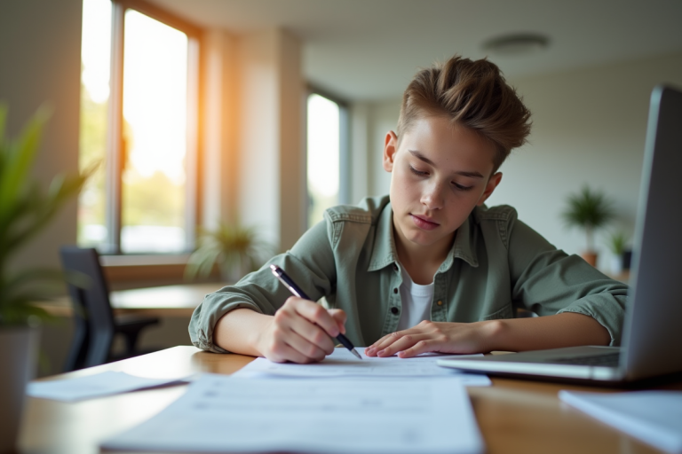 Jeune adulte remplissant des formulaires officiels au bureau