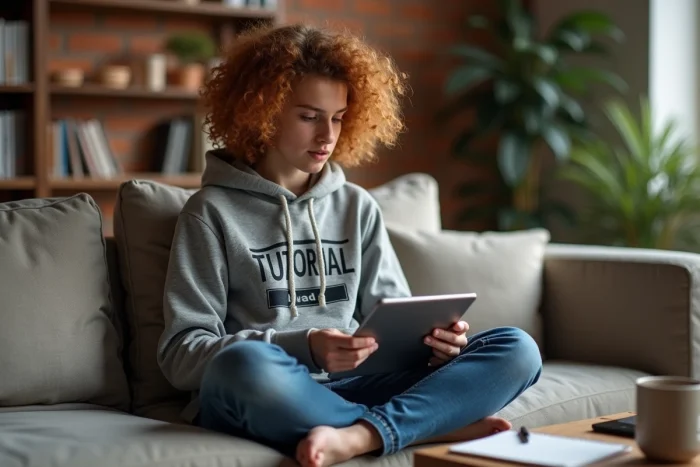 Jeune adulte apprenant l'informatique avec une tablette sur un canapé confortable dans un cadre détendu à la maison