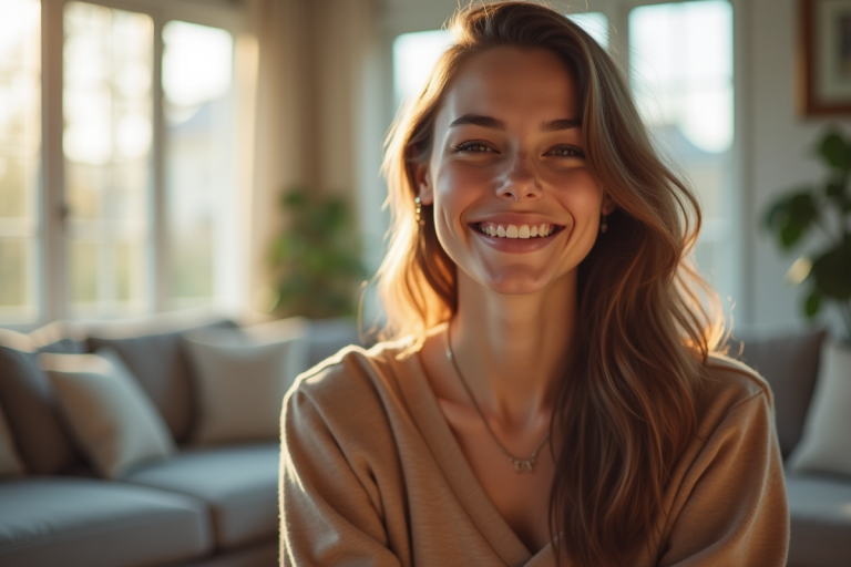 Jeune femme confiante dans un salon moderne lumineux