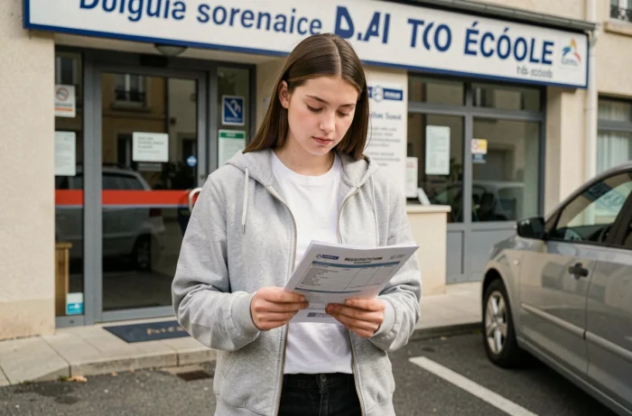 Jeune fille de 16 ans tenant un dossier d'inscription devant une auto-école, démarches administratives pour le permis de conduire