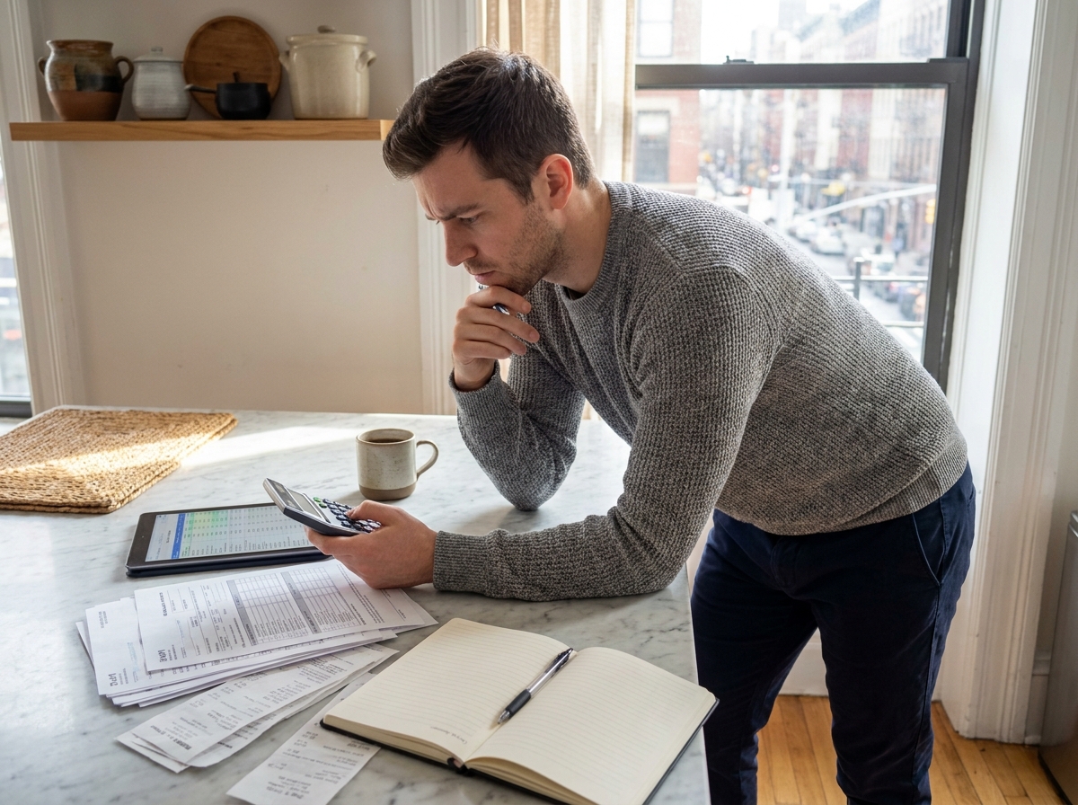 Jeune homme en cuisine avec documents financiers et calculatrice