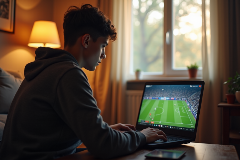 Jeune homme regardant un match sur son ordinateur dans un salon