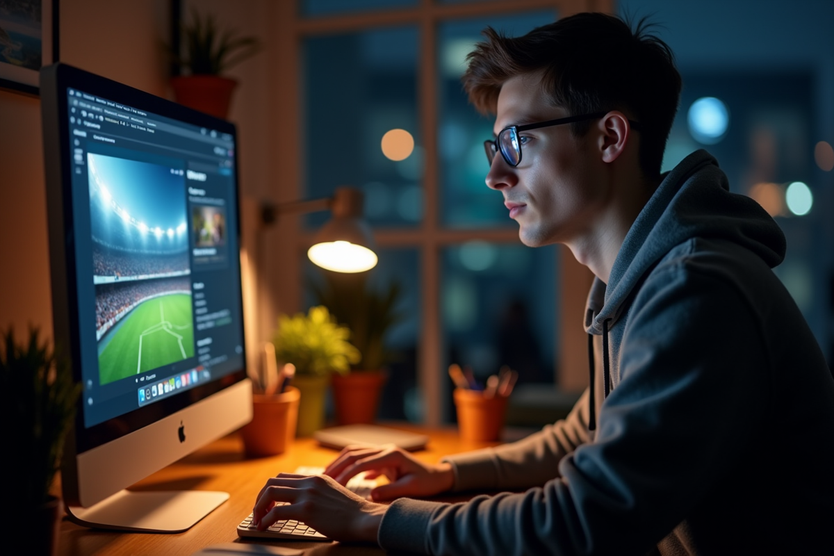 Jeune homme concentré tapant sur son ordinateur la nuit