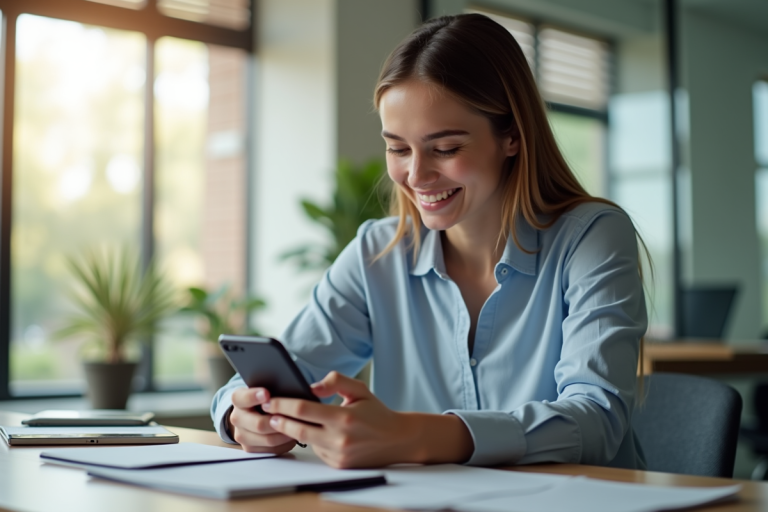 Jeune professionnel souriant utilisant une application bancaire sur smartphone