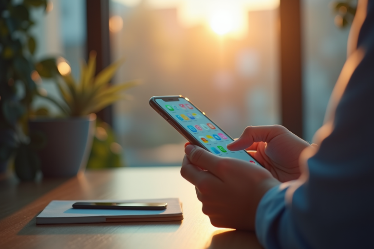 Jeune professionnel utilisant un smartphone dans un bureau lumineux