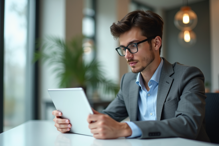 Jeune professionnel utilisant une tablette pour gérer l'immobilier