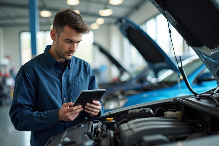 Jeune professionnel automobile utilisant une tablette dans un atelier lumineux