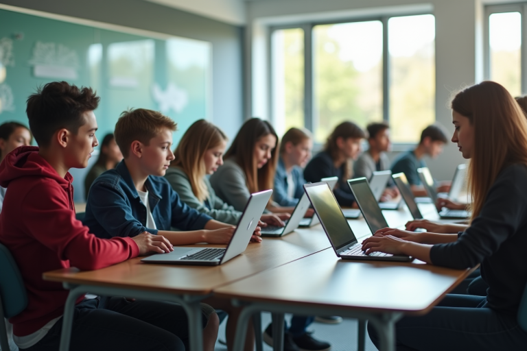 Groupe de lycéens en classe moderne avec ordinateurs