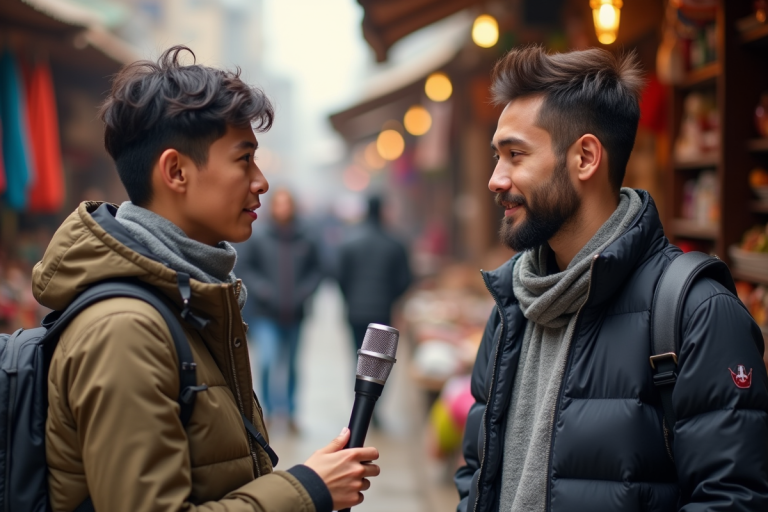 Jeune journaliste interviewant un artisan au marché en plein air