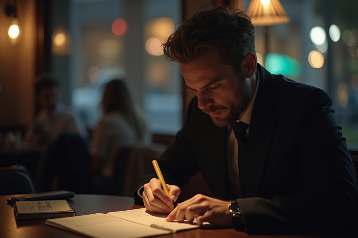 Journaliste en train de prendre des notes dans un café urbain