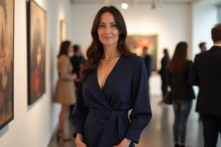 Femme élégante aux cheveux bruns lors d'une soirée culturelle, évoquant le style et la personnalité de Luciana Barroso