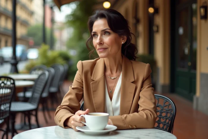Femme sophistiquée assise en terrasse dans un cadre urbain chic rappelant les origines argentines de Luciana Barroso
