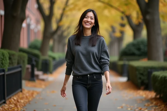 Femme souriante se promenant dans un quartier résidentiel verdoyant en automne, illustrant la vie privée et décontractée de Luciana Barroso