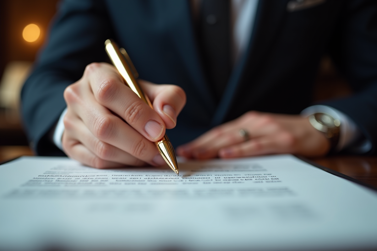 Mains élégantes tenant un stylo haut de gamme sur un contrat