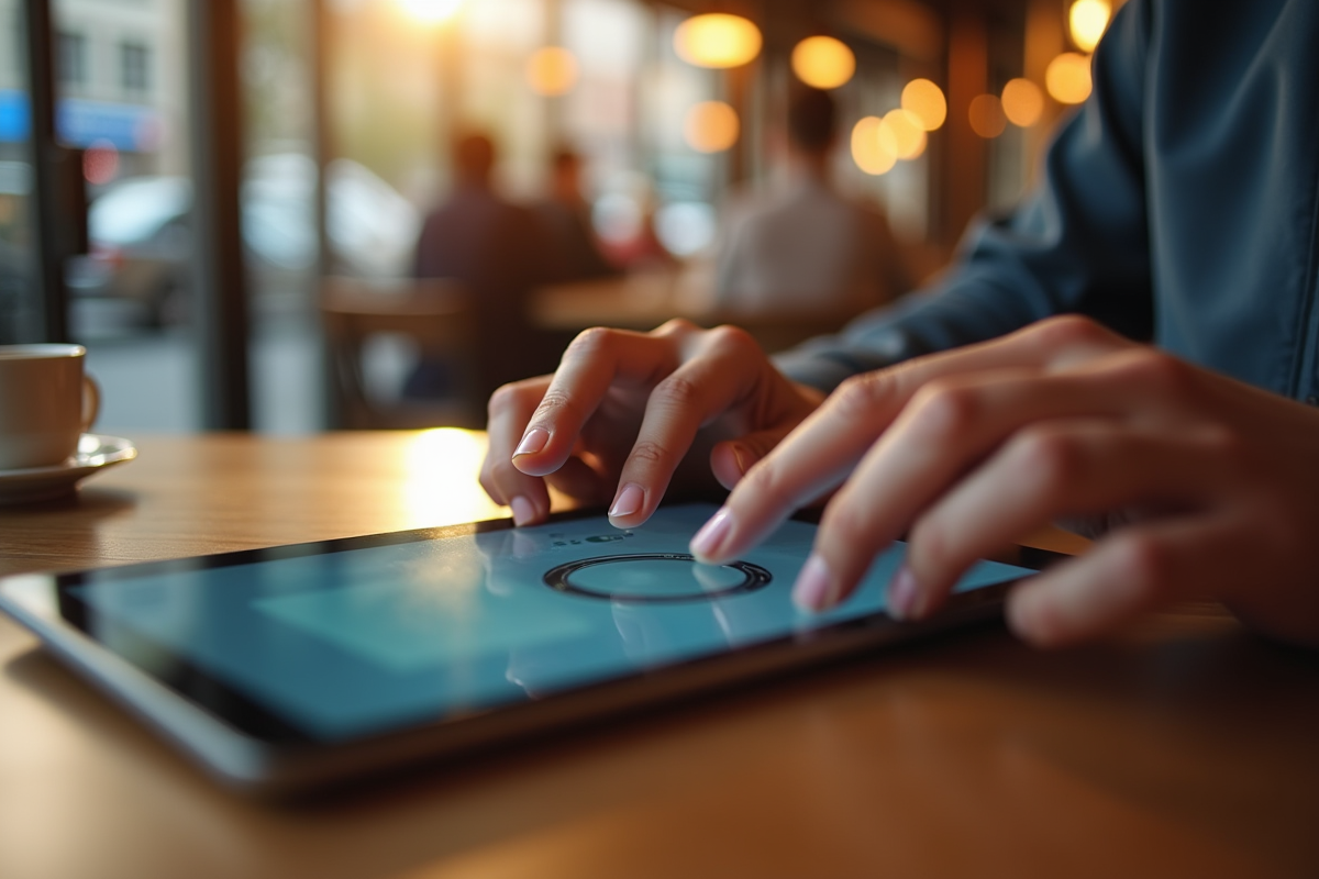 Mains qui rafraîchissent une tablette au café