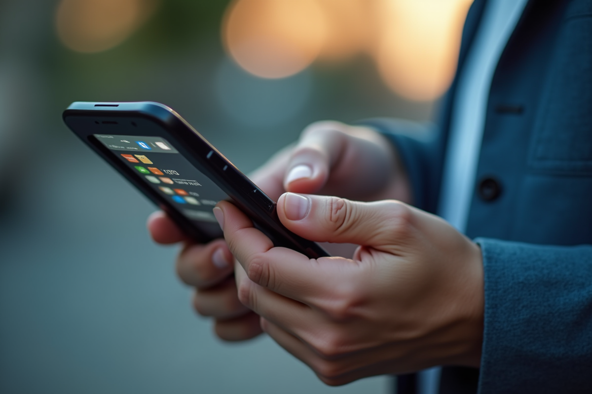 Mains utilisant un smartphone avec interface visible