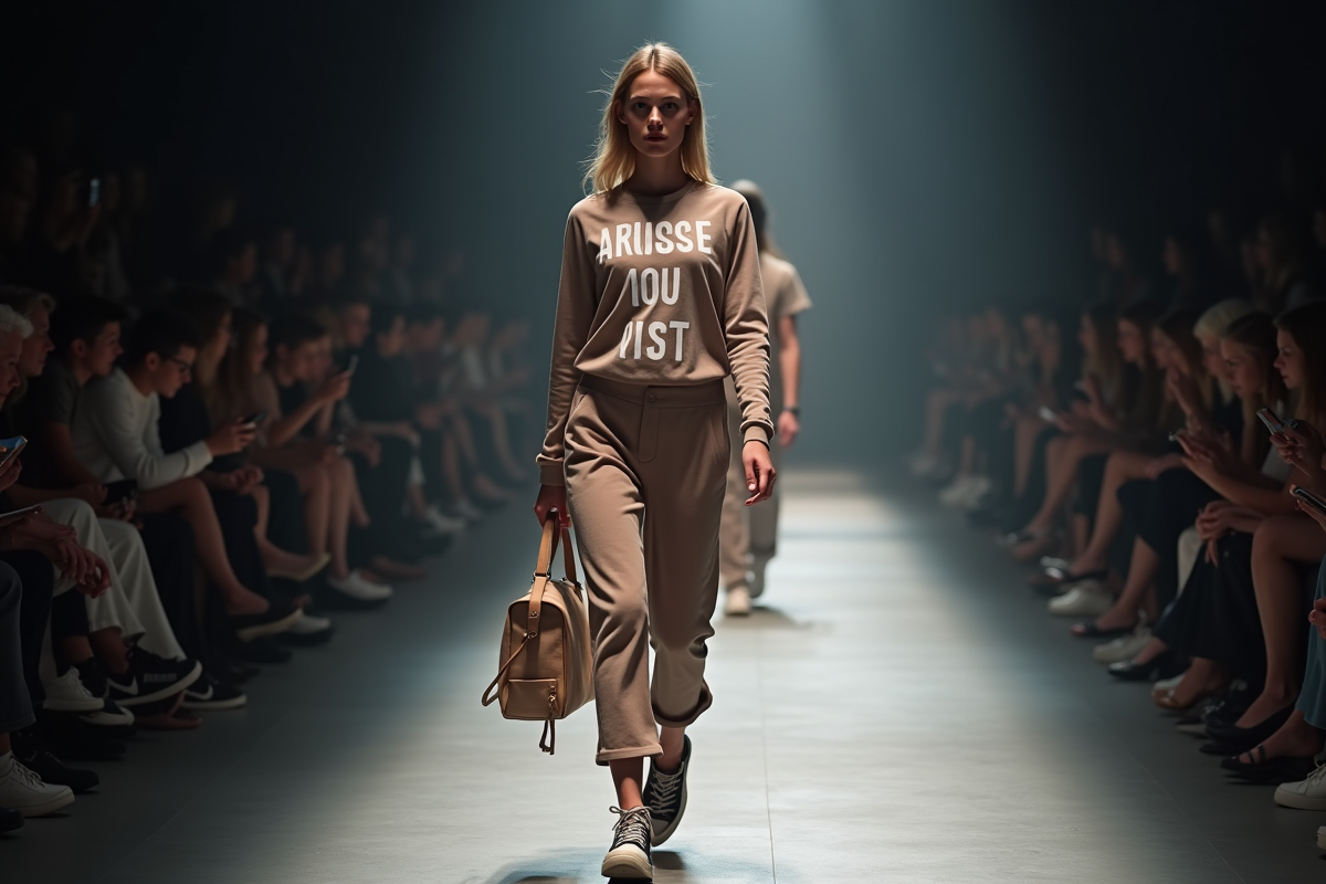 Mannequin marchant sur le runway avec slogan engagé
