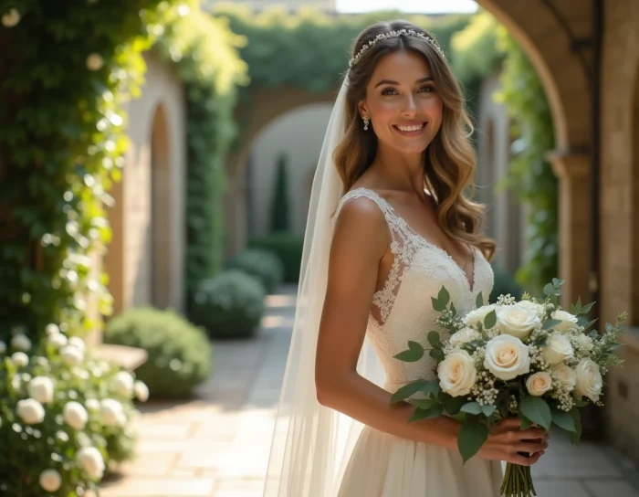 Mariée élégante en robe ivoire tenant un bouquet de roses blanches dans un jardin fleuri lors d'un mariage de rêve