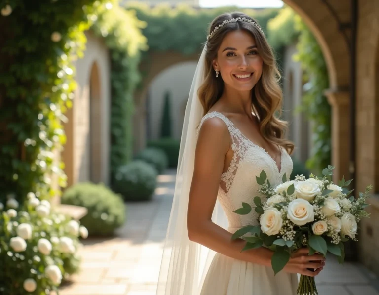 Mariée élégante en robe ivoire tenant un bouquet de roses blanches dans un jardin fleuri lors d'un mariage de rêve