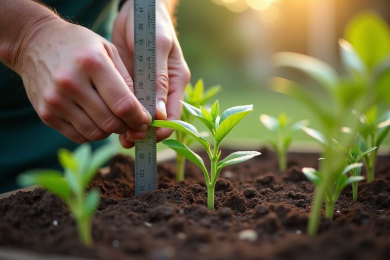 Mains de jardinier mesurant jeunes pousses avec règle en plein air