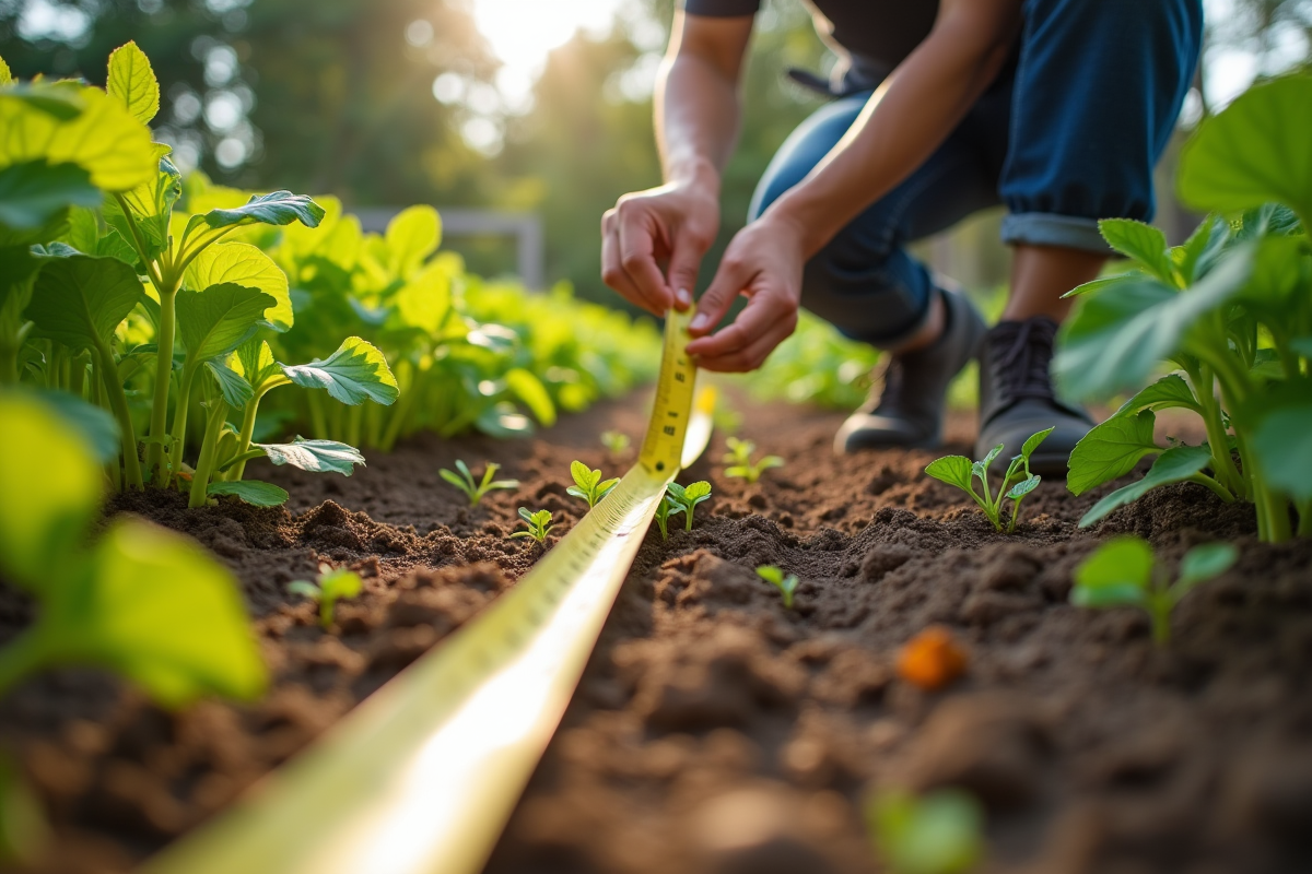 Jardinier utilisant un ruban pour tracer des rangées de légumes