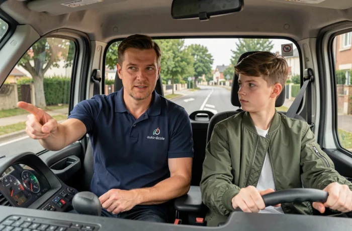 Moniteur d'auto-école expliquant les consignes à un élève conducteur de 16 ans dans un véhicule double commande sur route