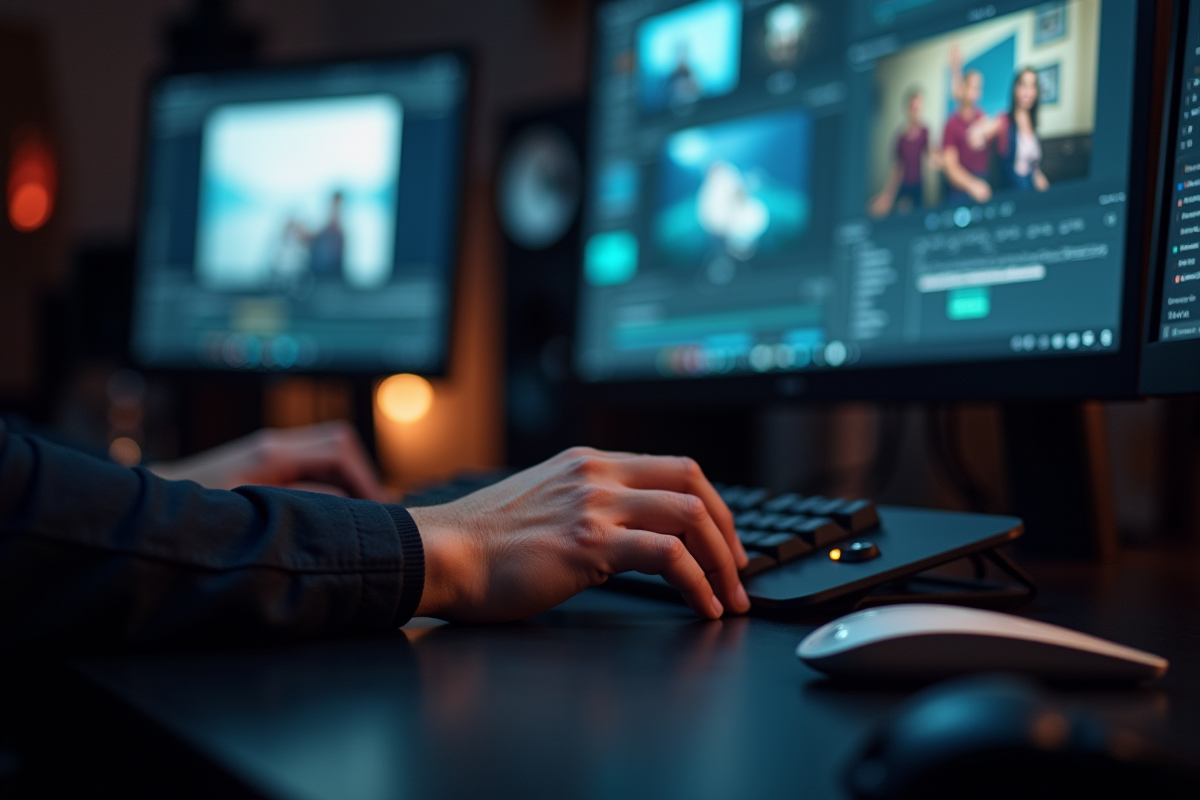 Gros plan sur les mains d’un monteur vidéo en studio